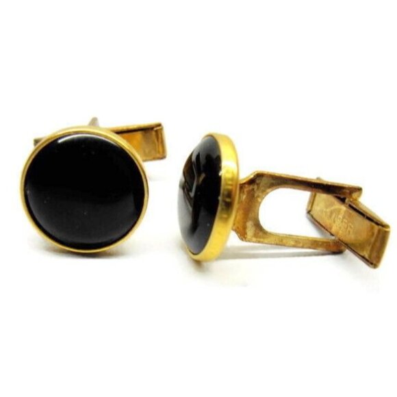 Round Cabochon Pioneer Black & Gold Tone Vintage Cufflinks - Picture 6 of 9